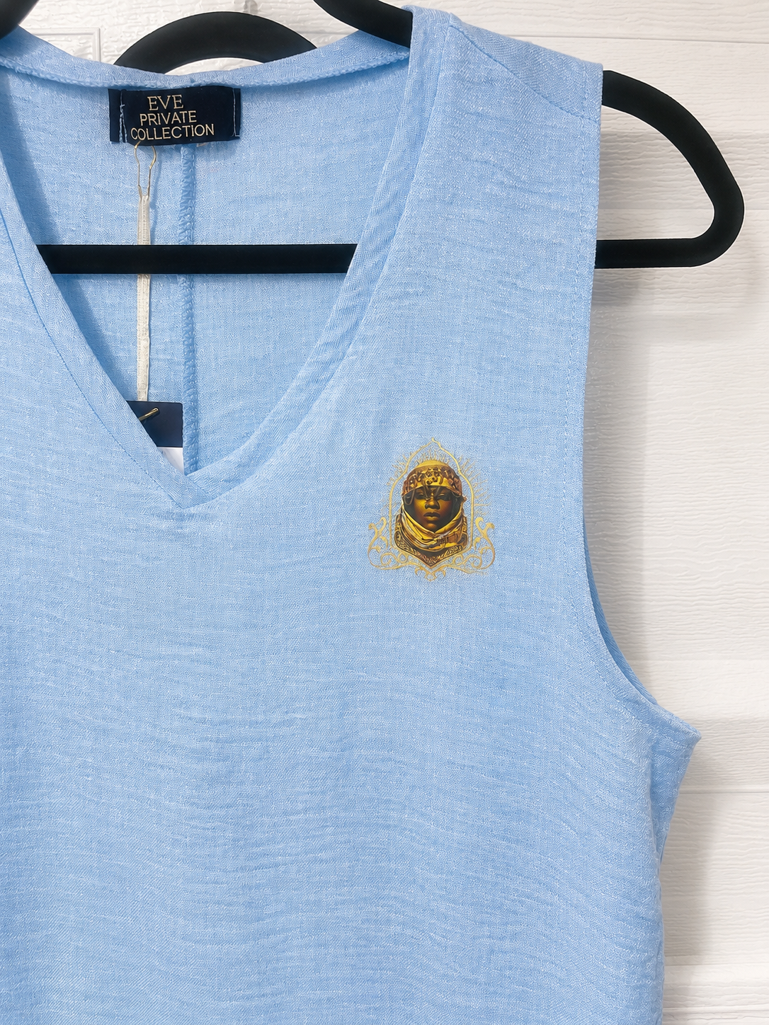 EPC House Crest V-Neck Maxi Dress – Light Blue & Antique Gold