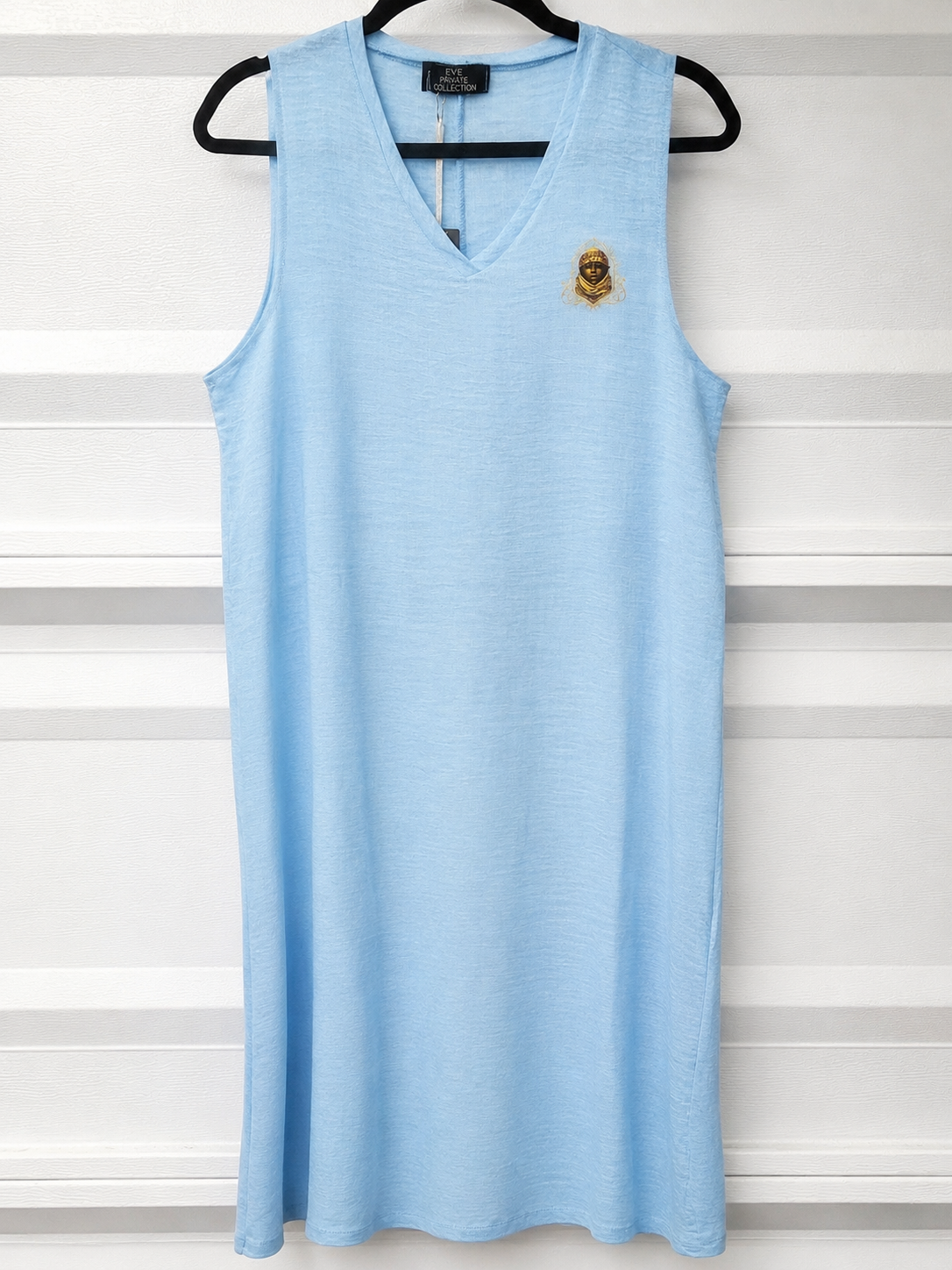 EPC House Crest V-Neck Maxi Dress – Light Blue & Antique Gold